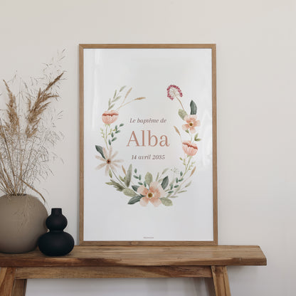 Panneau bienvenue Baptême Portrait 60 x 90 cm Couronne de fleurs photo N° 2