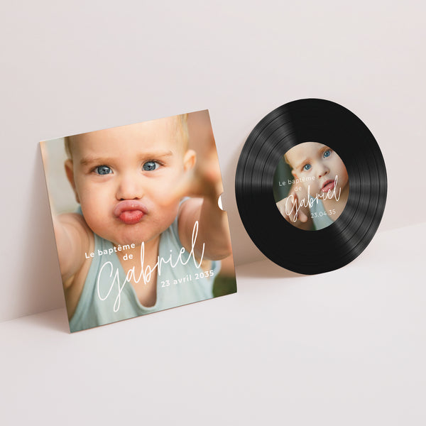 Faire-part Baptême Pochette disque Single baby photo