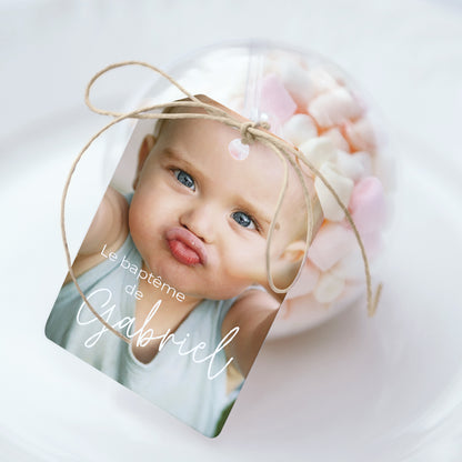 Boîte à dragées Baptême boule avec étiquette fanion Single baby photo N° 1