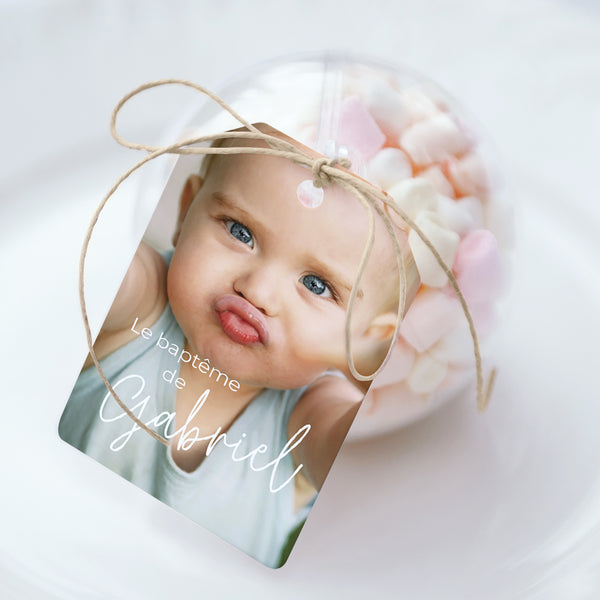 Boîte à dragées Baptême boule avec étiquette fanion Single baby photo
