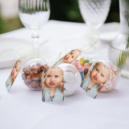 Boîte à dragées Baptême boule avec étiquette fanion Single baby photo N° 2