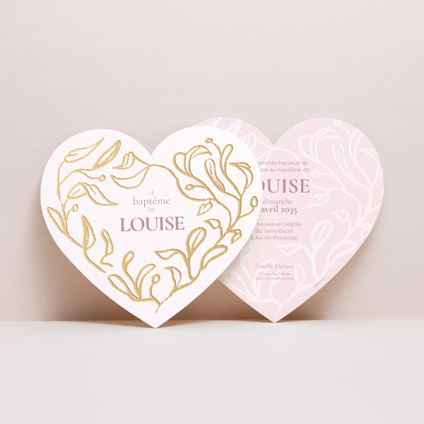 Faire-part Baptême Cœur Coeur végétal doré photo