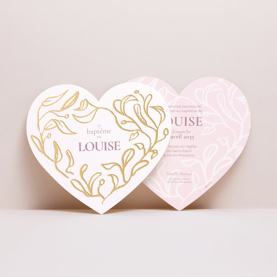 Faire-part Baptême Cœur Coeur végétal doré photo