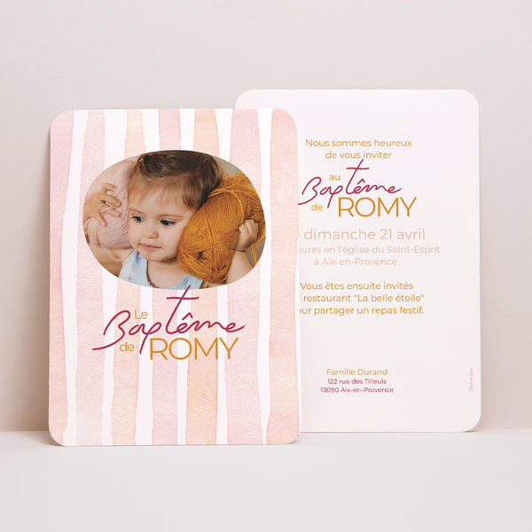 Faire-part Baptême Portrait, bords arrondis Douces rayures photo