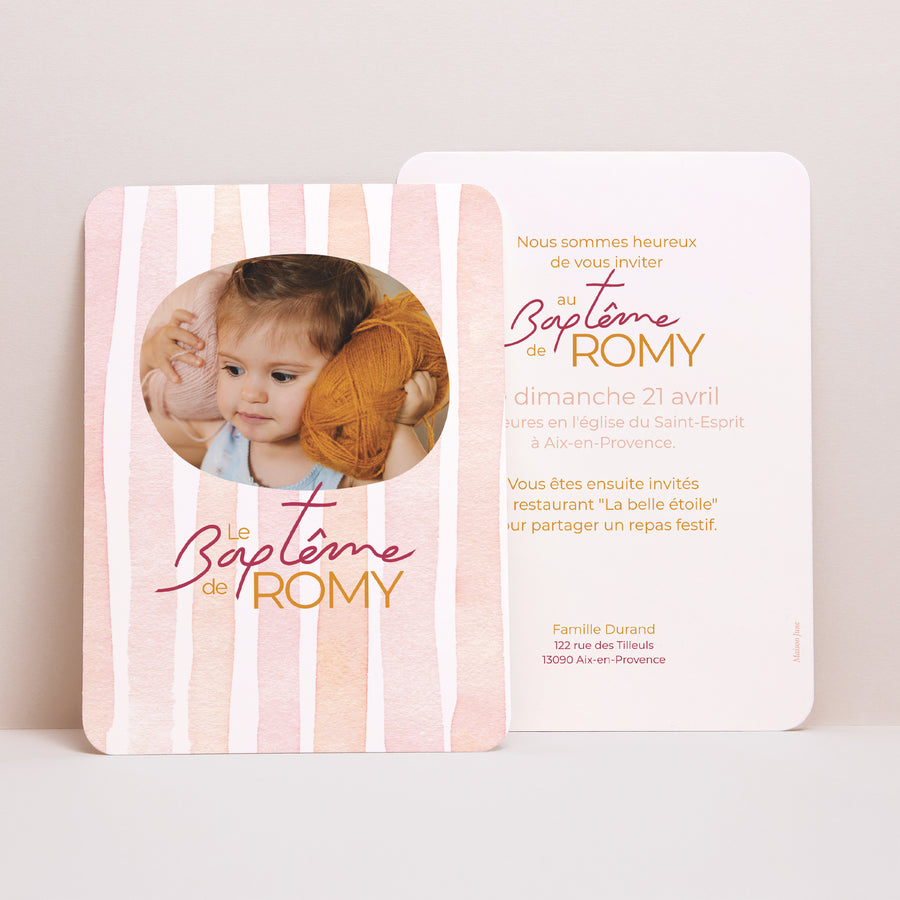 Faire-part Baptême Portrait, bords arrondis Douces rayures photo