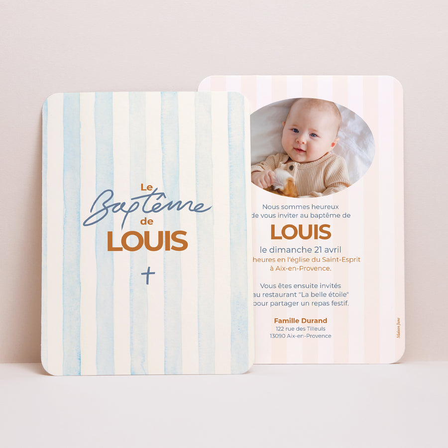 Faire-part Baptême Portrait, bords arrondis Rayures bleues photo