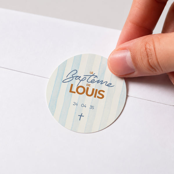 Sticker Baptême Rond Rayures bleues photo