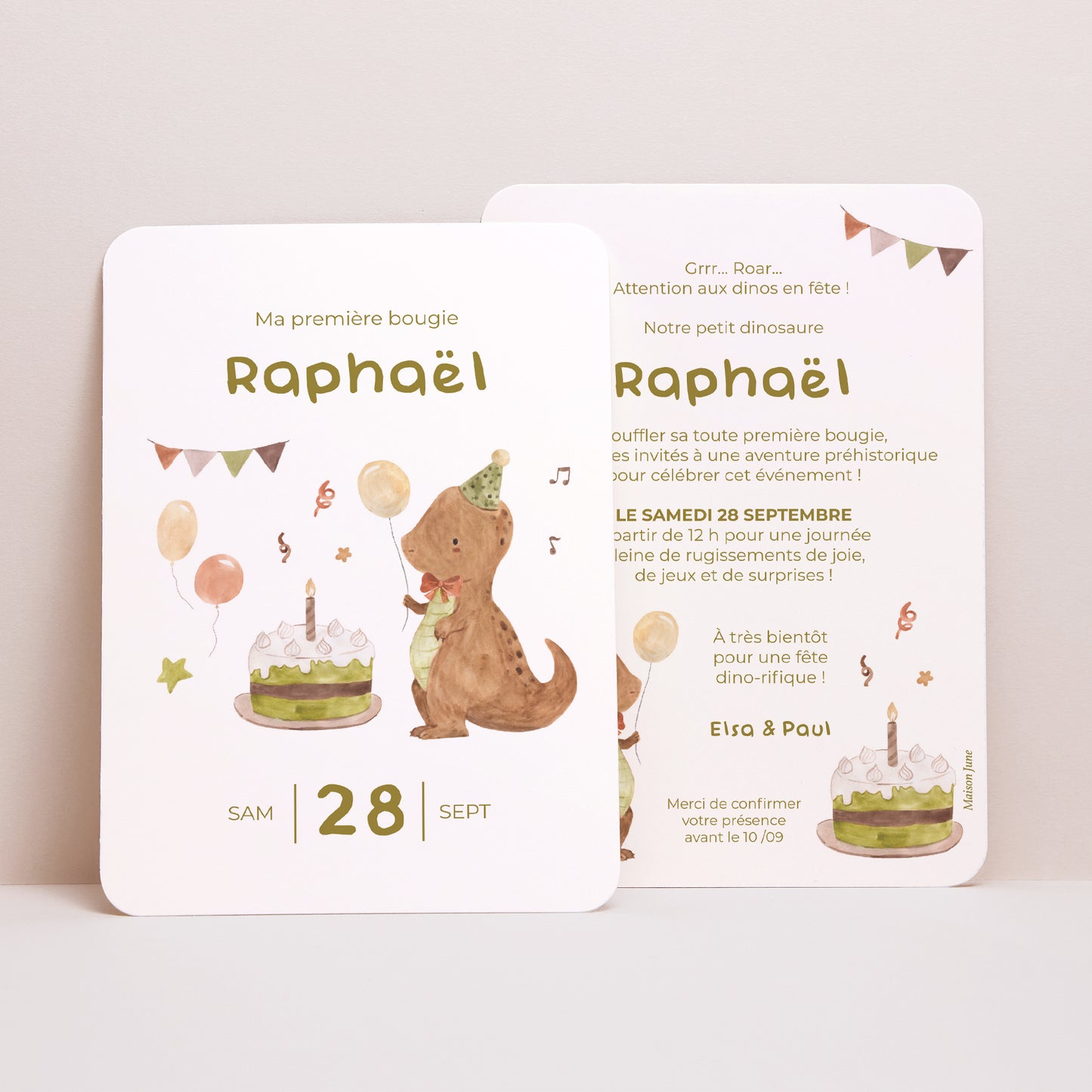 Invitations Anniversaire Enfant Portrait, bords arrondis Bougie Dino photo N° 1