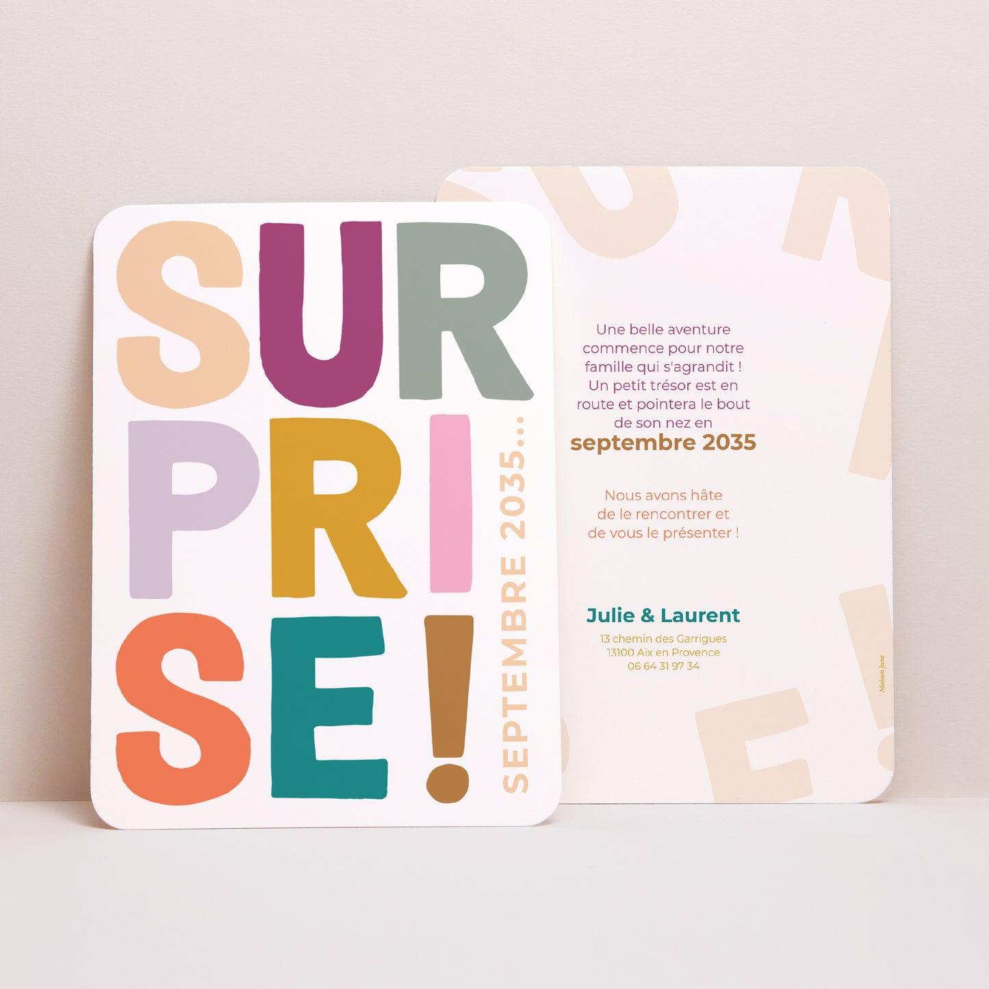 Carte annonce grossesse Naissance Portrait, bords arrondis Surprise colorée photo N° 1