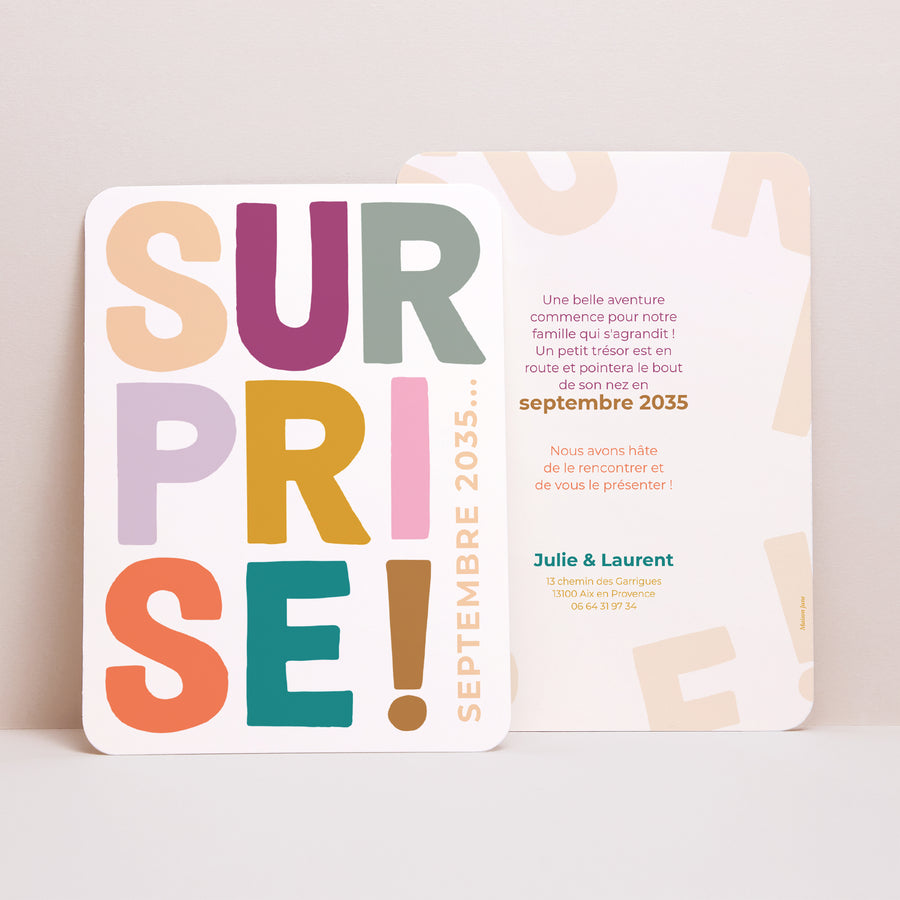 Carte annonce grossesse Naissance Portrait, bords arrondis Surprise colorée photo