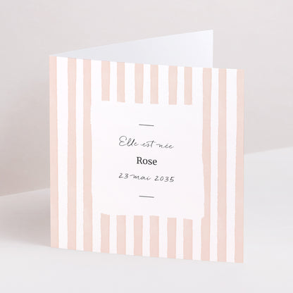 Faire-part Naissance Carré double volet Rayures roses claires photo N° 1