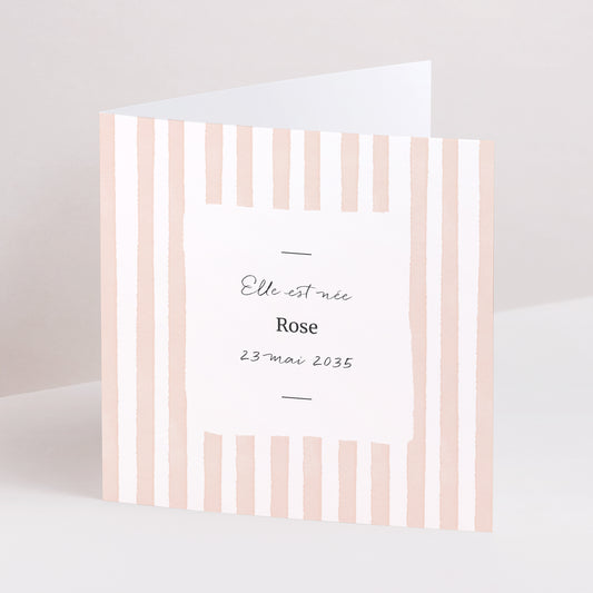 Faire-part Naissance Carré double volet Rayures roses claires photo