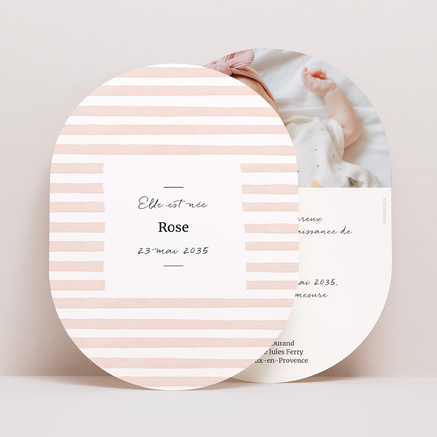 Faire-part Naissance Ovale Rayures roses claires photo