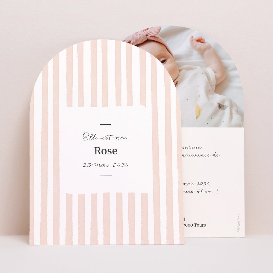 Faire-part Naissance Petite arche Rayures roses claires photo