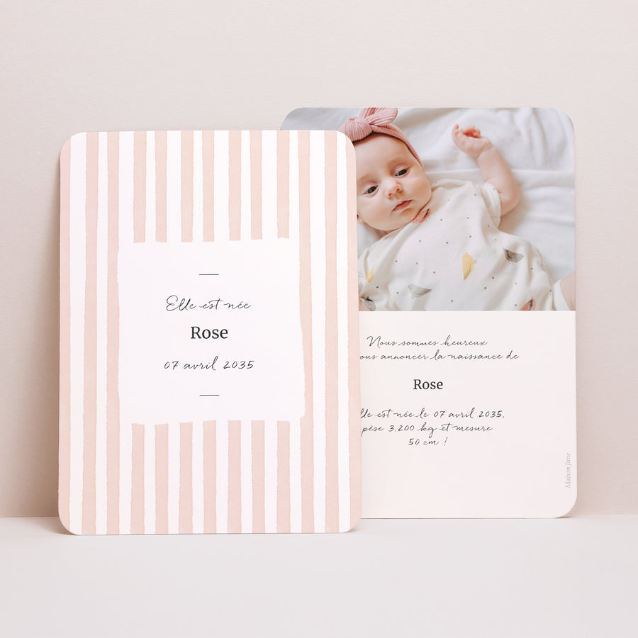 Faire-part Naissance Portrait, bords arrondis Rayures roses claires photo