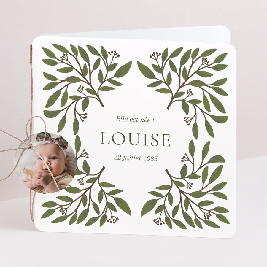 Faire-part Naissance Carré double volet, coins arrondis, étiquette ronde Murmure des Feuilles photo