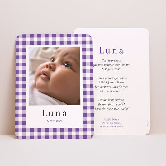 Faire-part Naissance Portrait, bords arrondis Petit Vichy d'amour photo