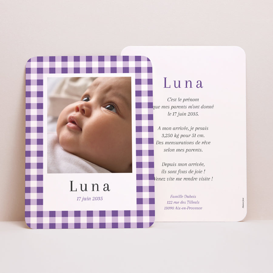 Faire-part Naissance Portrait, bords arrondis Petit Vichy d'amour photo