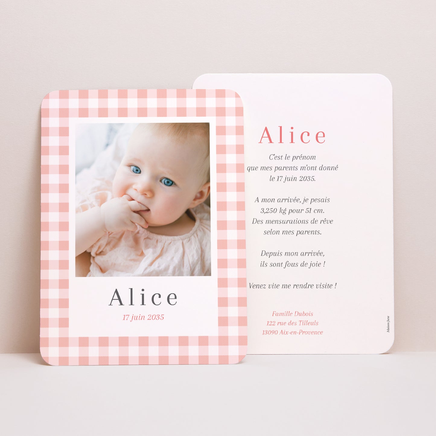 Faire-part Naissance Portrait, bords arrondis Quadrille de Tendresse photo N° 1