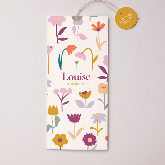 Faire-part Naissance Pochette portrait 2 cartes, étiquette Cœur en fleur photo