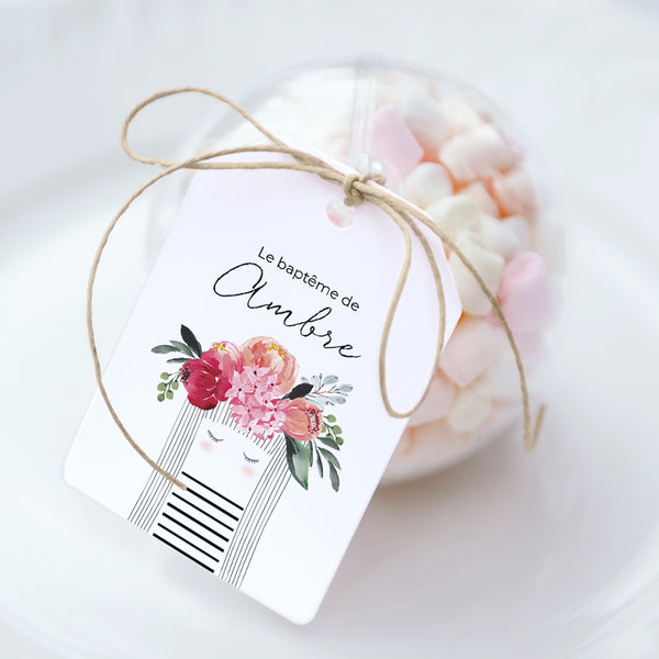 Boîte à dragées Baptême boule avec étiquette fanion Petite Fleur bénie photo