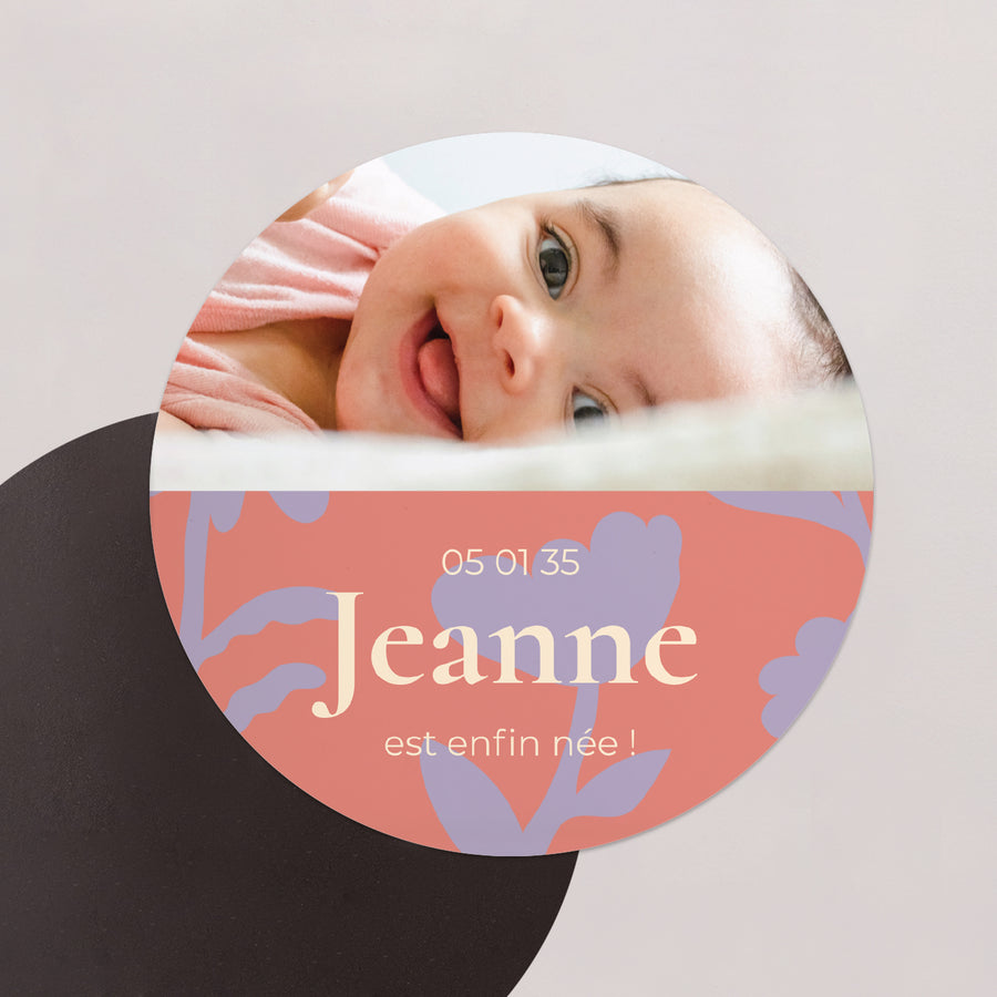 Faire-part Naissance Lot de 8, magnétique, rond, Ø 10cm Baby flower photo