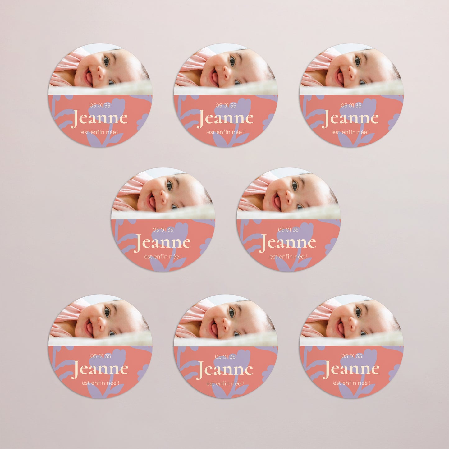 Faire-part Naissance Lot de 8, magnétique, rond, Ø 10cm Baby flower photo N° 3