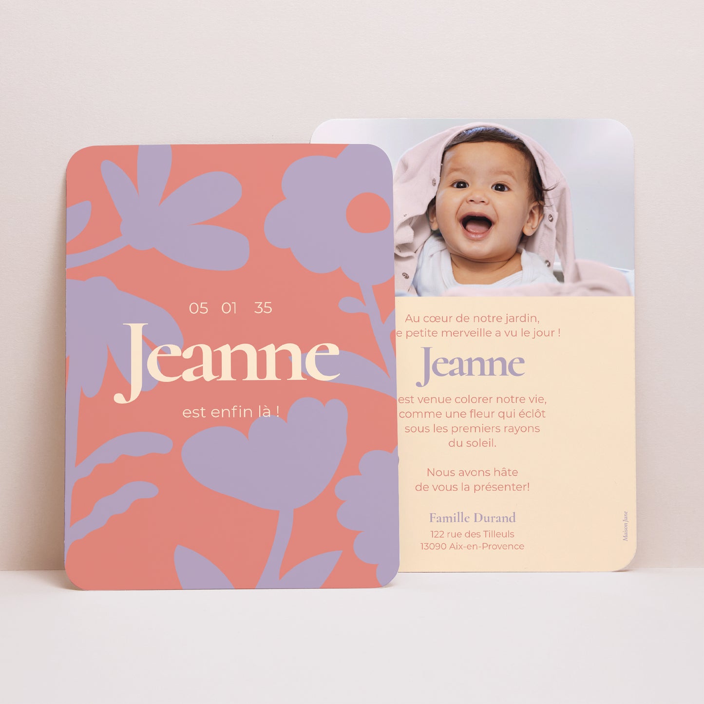 Faire-part Naissance Portrait, bords arrondis Baby flower photo N° 1