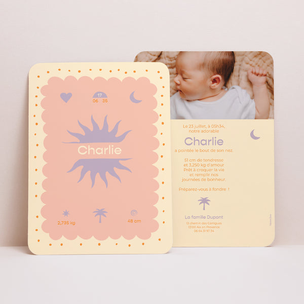 Faire-part Naissance Portrait, bords arrondis Rayon de soleil photo