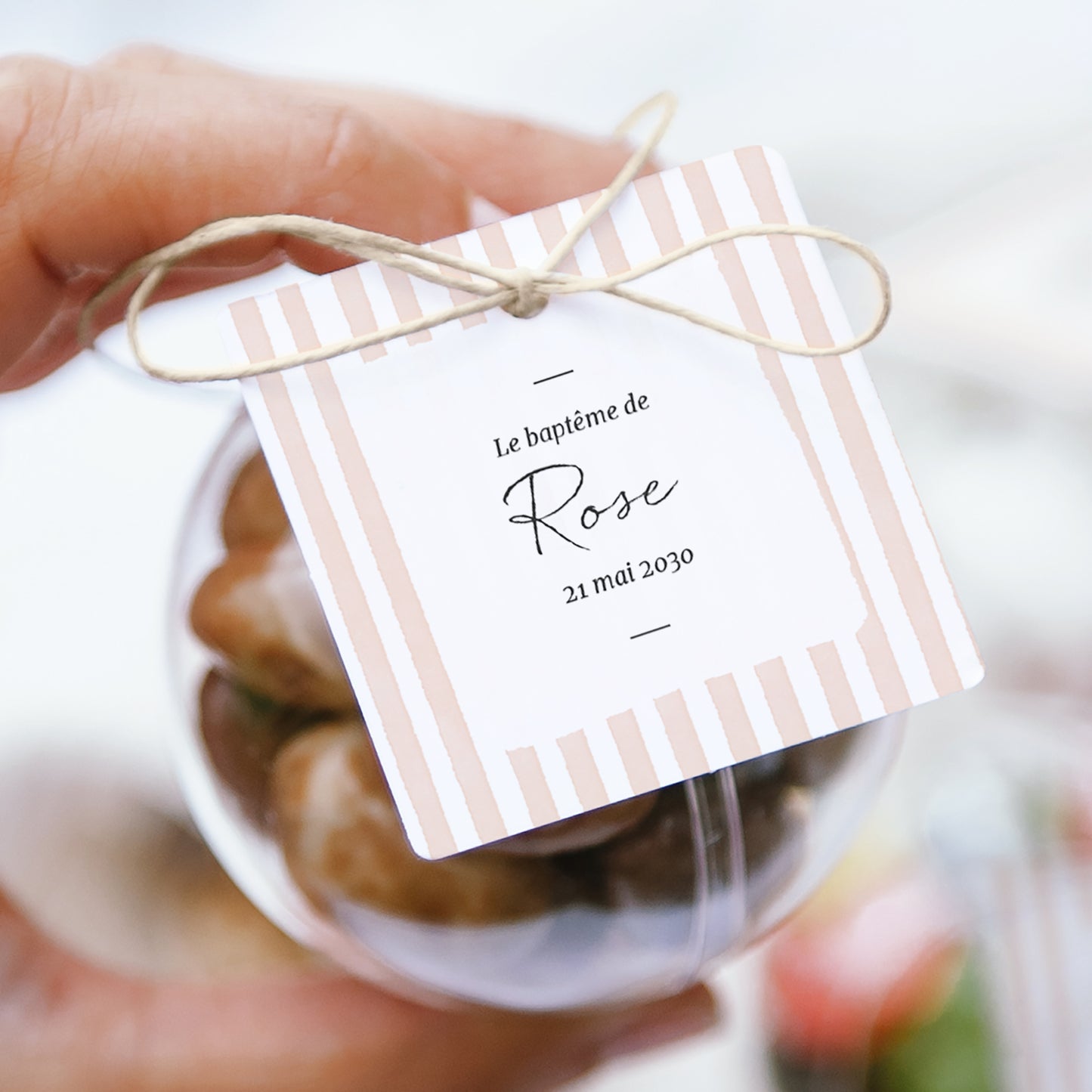 Boîte à dragées Baptême boule avec étiquette carrée Rayures roses claires II photo N° 1