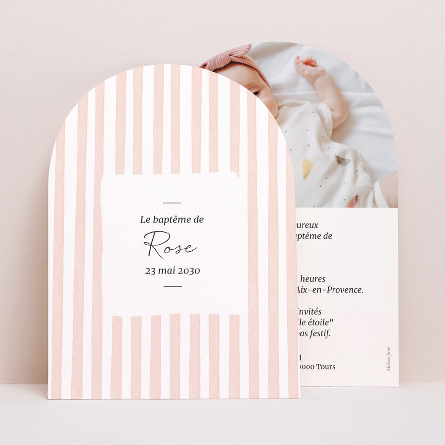 Faire-part Baptême Petite arche Rayures roses claires II photo