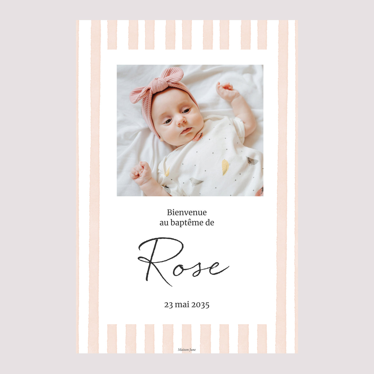 Panneau bienvenue Baptême Portrait 60 x 90 cm Rayures roses claires II photo N° 2