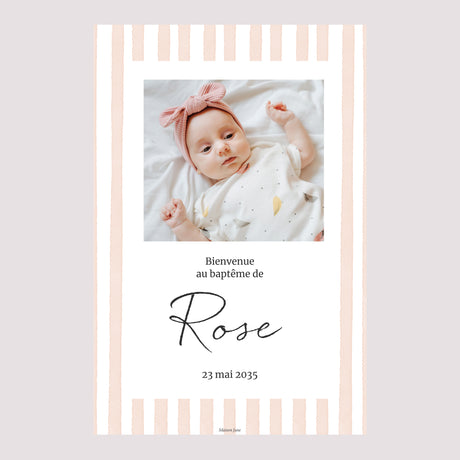 Panneau bienvenue Baptême Portrait 60 x 90 cm Rayures roses claires II