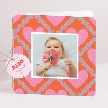 Faire-part Naissance Carré double volet, coins arrondis, étiquette ronde Petit Cœur d’Amour photo N° 1