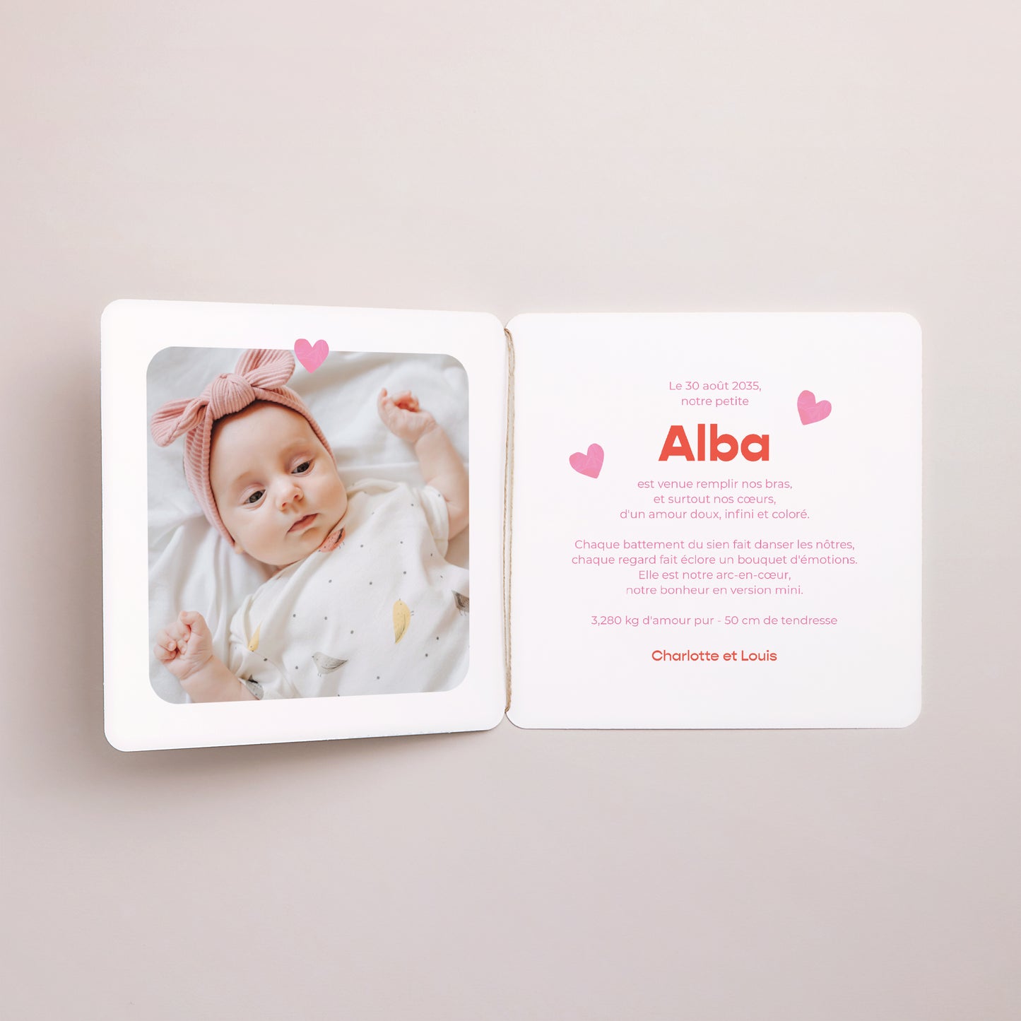 Faire-part Naissance Carré double volet, coins arrondis, étiquette ronde Petit Cœur d’Amour photo N° 2