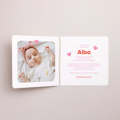Faire-part Naissance Carré double volet, coins arrondis, étiquette ronde Petit Cœur d’Amour photo N° 2