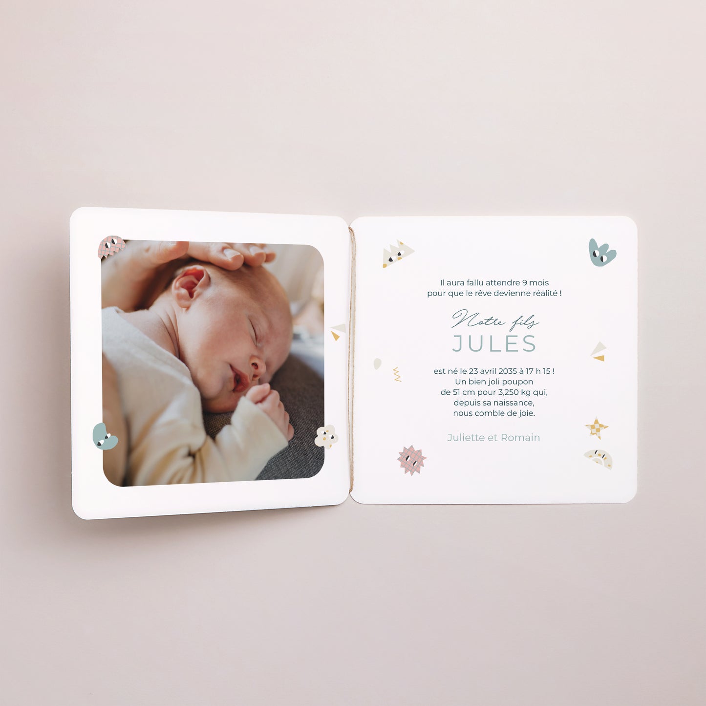 Faire-part Naissance Carré double volet, coins arrondis, étiquette ronde Créatures d’Amour photo N° 2