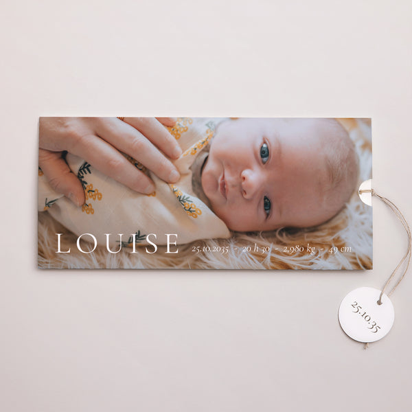 Faire-part Naissance Pochette 2 cartes, étiquette Ton premier éclat photo
