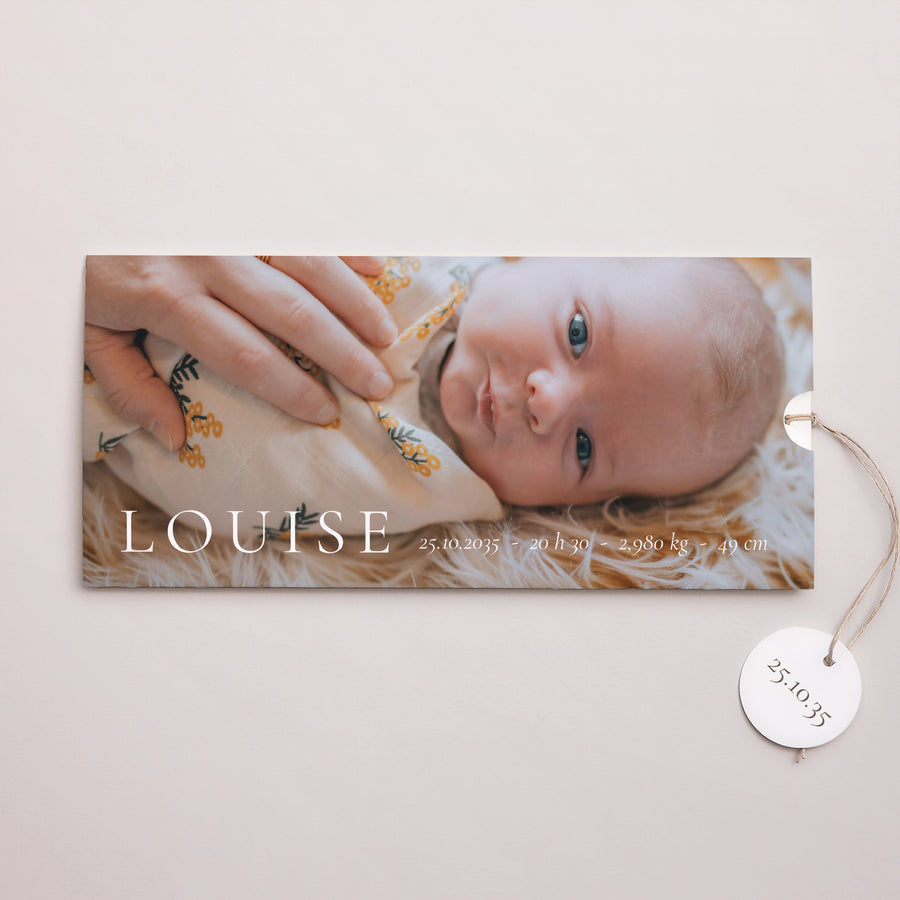 Faire-part Naissance Pochette 2 cartes, étiquette Ton premier éclat photo