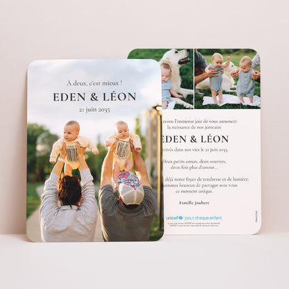 Faire-part Naissance Portrait, bords arrondis À Deux, c’est Mieux ! photo N° 1