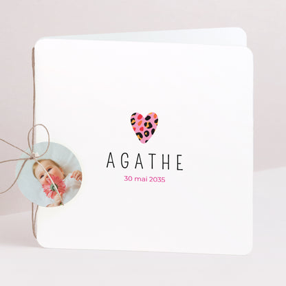 Faire-part Naissance Carré double volet, coins arrondis, étiquette ronde Bébé Léopard photo N° 1