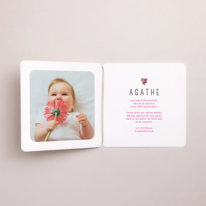 Faire-part Naissance Carré double volet, coins arrondis, étiquette ronde Bébé Léopard photo N° 2