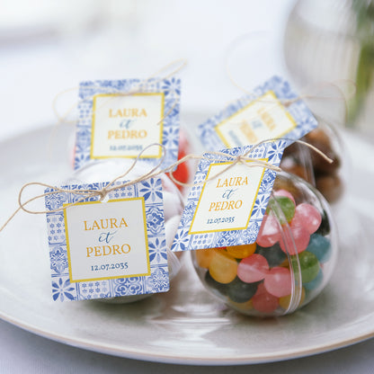 Boîte à dragées Mariage boule avec étiquette carrée Azulejo d’amour photo N° 2