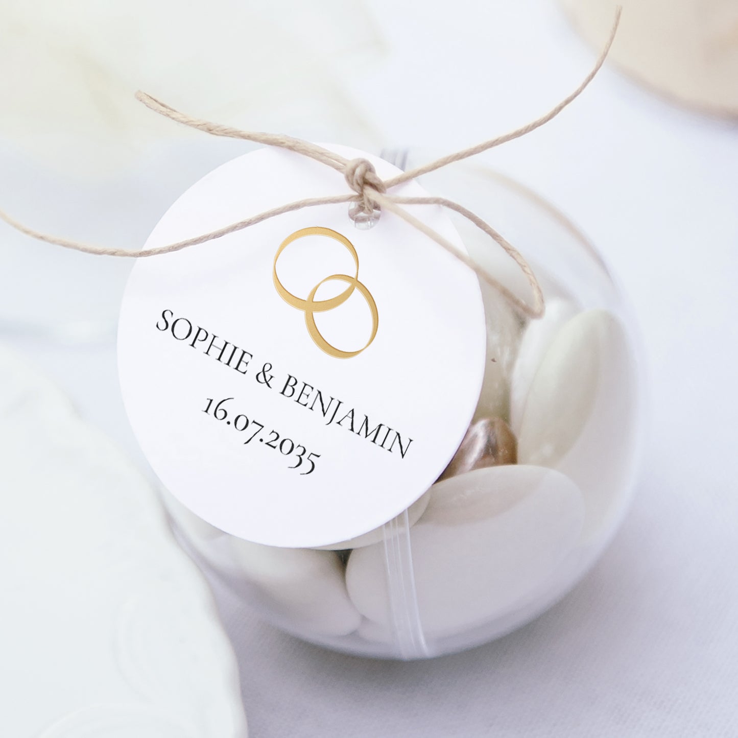 Boîte à dragées Mariage boule avec étiquette ronde Serment d’Or photo N° 1