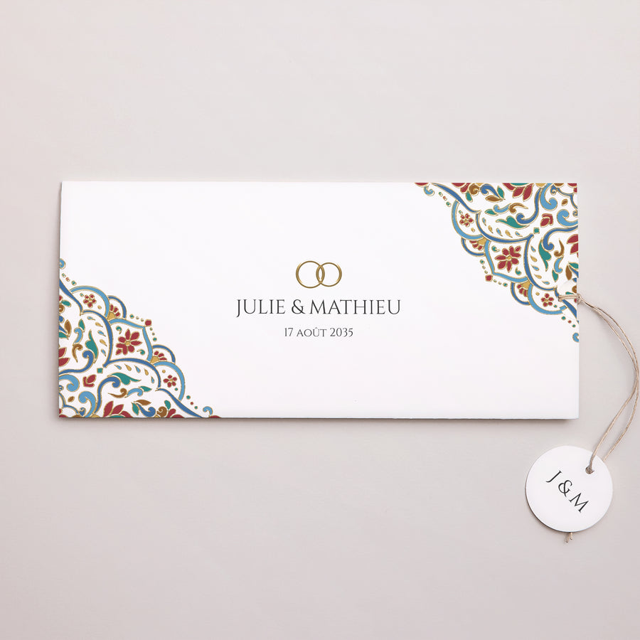 Faire-part Mariage Pochette 2 cartes, étiquette Amour d’Orient photo