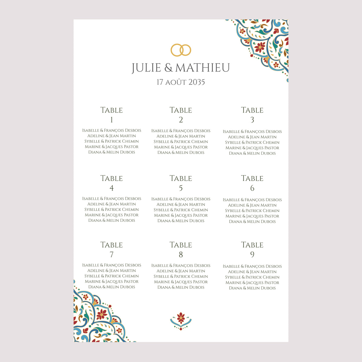 Plan de table Mariage Portrait 60 x 90 cm Amour d’Orient photo N° 2