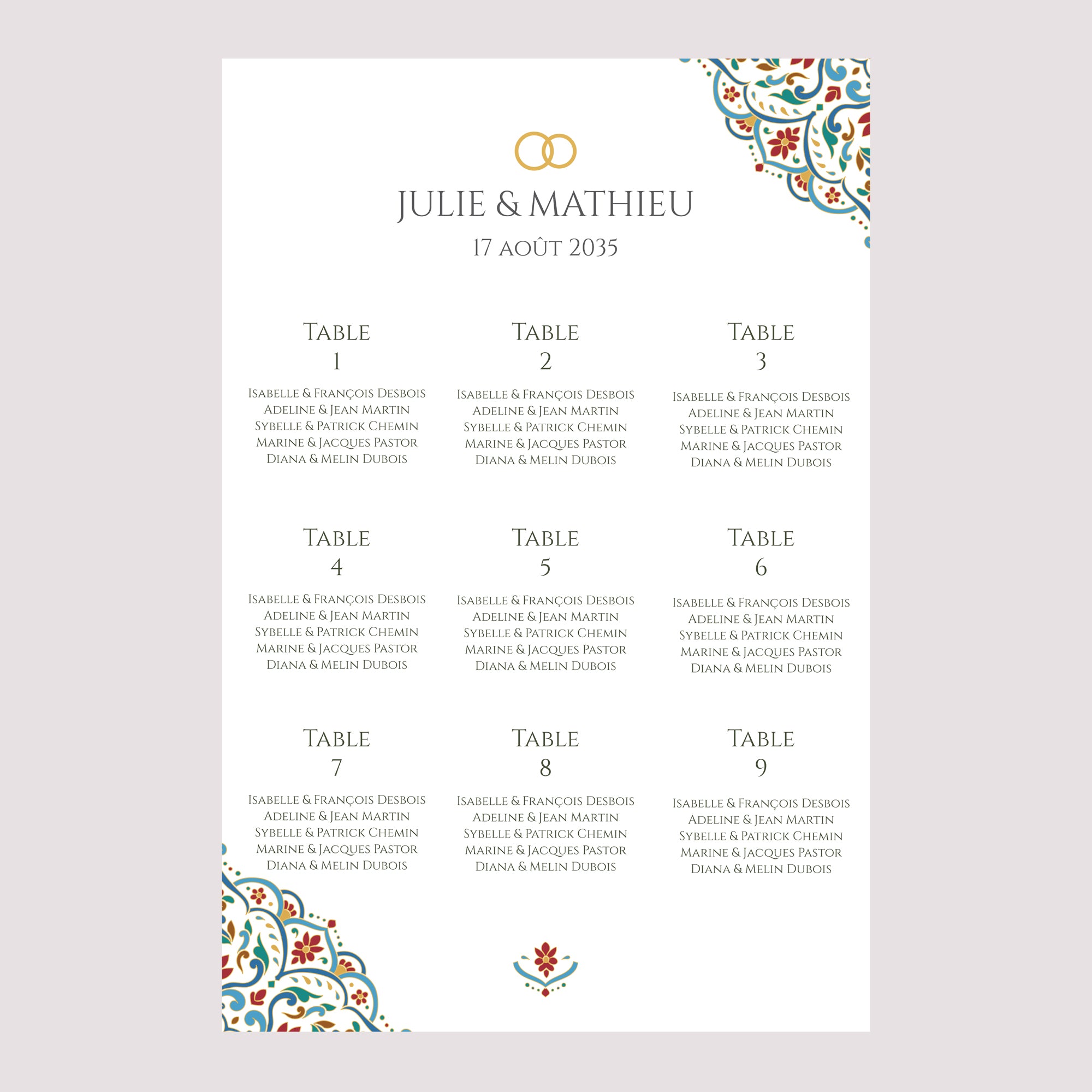 Plan de table Mariage Portrait 60 x 90 cm Amour d’Orient photo N° 2