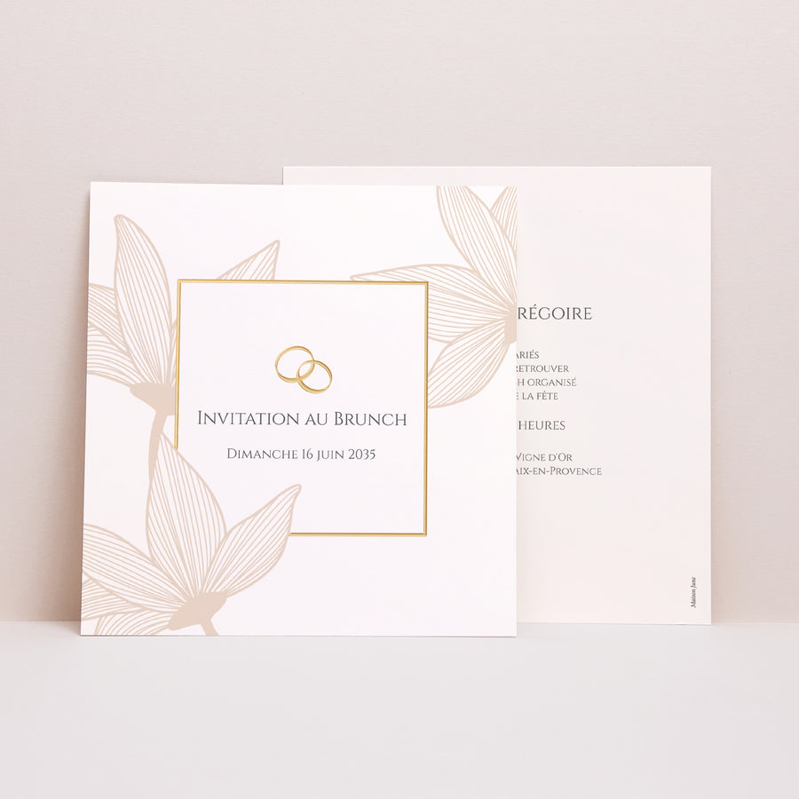 Invitations Mariage Carré Fleurs d'Élégance Doré photo
