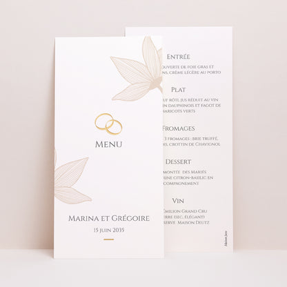 Menu Mariage Panoramique portrait Fleurs d'Élégance Doré photo N° 1