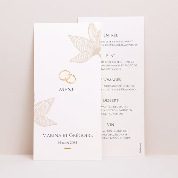Menu Mariage Panoramique portrait Fleurs d'Élégance Doré photo
